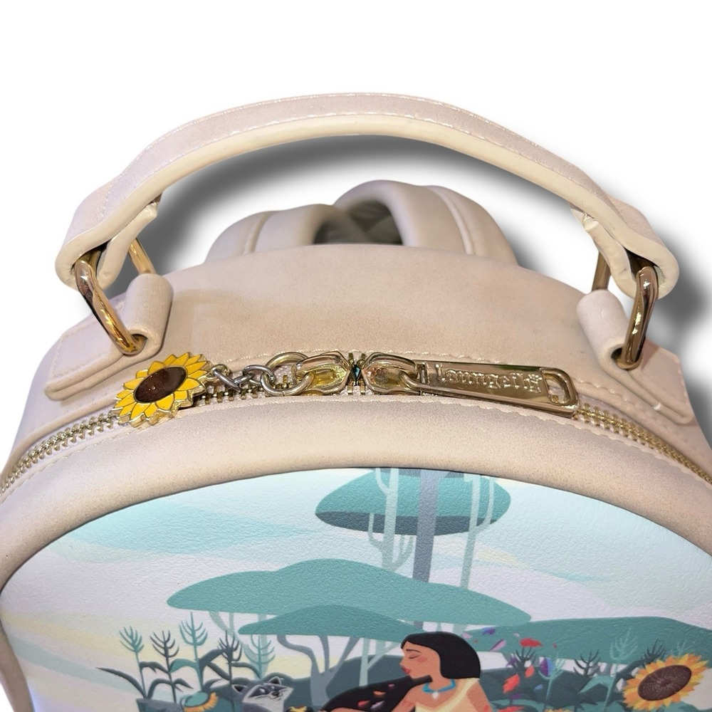 DISNEY Loungefly Mini Backpack Pocahontas Meeko Scenery Sunflowers River Wind - Picture 7 of 15